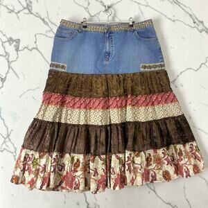Venezia Denim Jean Skirt Patchwork Beaded Bohemian Western Country Ruffle Sz 22